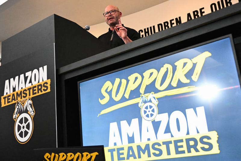 Teamsters General President Sean M. O'Brien speaks during a rally with workers and union members as part of an "Amazon Teamsters Day of Solidarity" in support of the unionization and collective bargaining of Amazon delivery drivers at the Teamsters Local 848 on August 29, 2024 in Long Beach, California