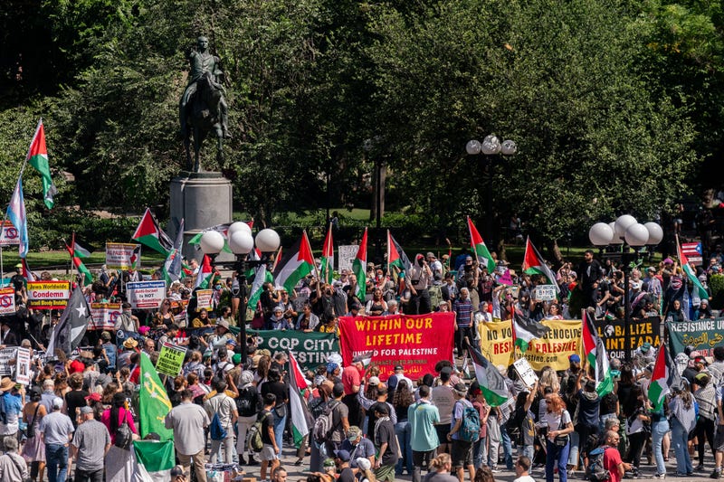 People attend a protest on Labor Day in Union Square on Sept. 2, 2024 in New York City. Following the deaths of six hostages in Gaza, protestors demand that Israel reach a deal with Hamas. 