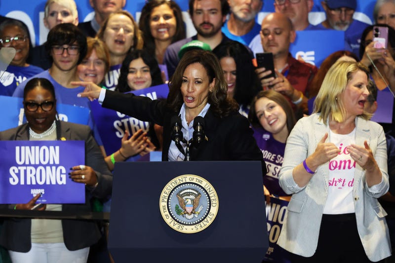 Democratic presidential nominee, U.S. Vice President Kamala Harris speaks during a campaign event at IBEW Local Union #5 on September 02, 2024 in Pittsburgh.