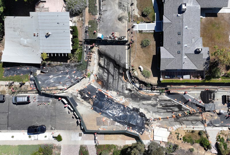 RANCHO PALOS VERDES, CALIFORNIA - SEPTEMBER 03: An aerial view shows damage resulting from ongoing land movement in the area that has forced power shutoffs to homes and California Gov. Gavin Newsom to declare a state of emergency on September 3, 2024 in Rancho Palos Verdes, California. Southern California Edison (SCE) cut off power to more than 200 homes in the area today and advised some residents to prepare to evacuate on short notice. A complex of landslides in the area, connected to ongoing ancient landslides, have accelerated following heavy rains in 2023, damaging homes and roadways.