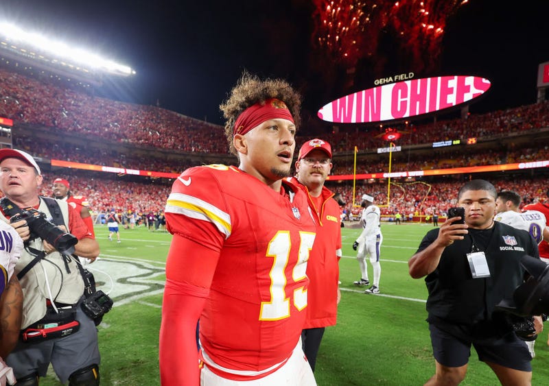 Quarterback Patrick Mahomes #15 of the Kansas City Chiefs walks off the field after their 27-20 win over the Baltimore Ravens at GEHA Field at Arrowhead Stadium on September 05, 2024 in Kansas City, Missouri.