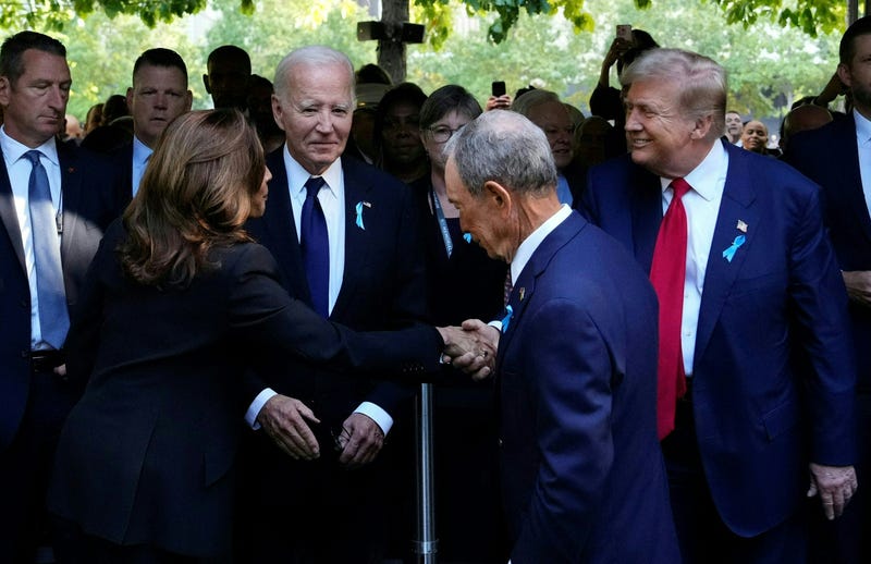 Vice President Kamala Harris and former President Donald Trump shake hands at the 9/11 Memorial hours after their presidential debate on Sept. 11, 2024