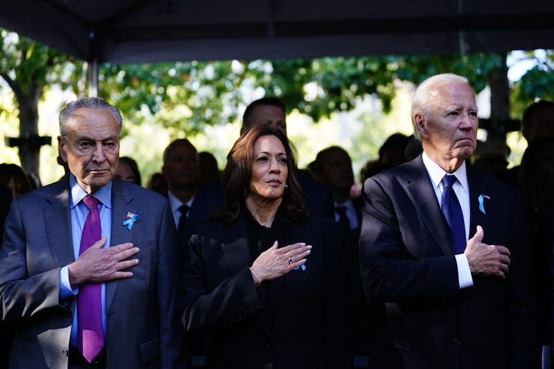 (L to R) Senate Majority Leader Chuck Schumer (D-NY), US Vice President and Democratic presidential candidate Kamala Harris, and US President Joe Biden attend the remembrance ceremony