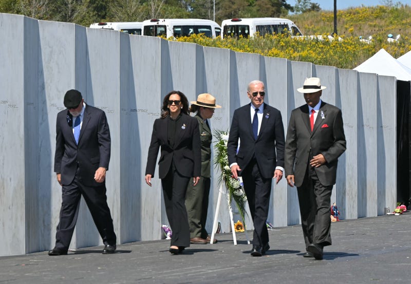 US President Joe Biden and Vice President and Democratic presidential candidate Kamala Harris take part in a wreath-laying ceremony at the Flight 93 National Memorial in Shanksville, Pennsylvania, on September 11, 2024
