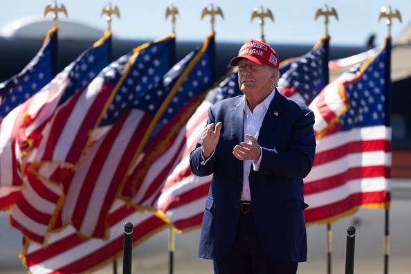 Republican presidential nominee former President Donald Trump arrives for a campaign event at the Central Wisconsin Airport on September 07, 2024 in Mosinee, Wisconsin.