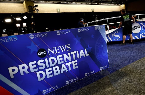 Final preparations are made in the spin room prior to the ABC News Presidential Debate on September 09, 2024 at the Convention Center in Philadelphia, Pennsylvania. 