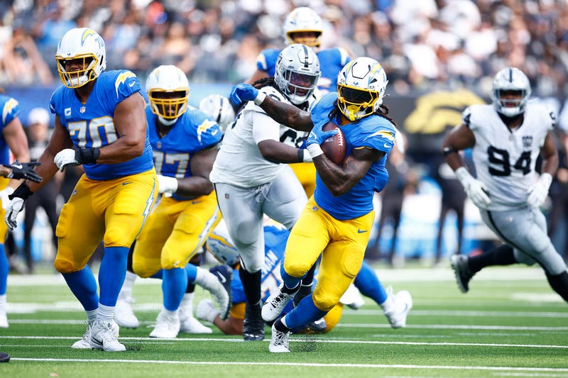 Gus Edwards #4 of the Los Angeles Chargers at SoFi Stadium on September 08, 2024 in Inglewood, California.