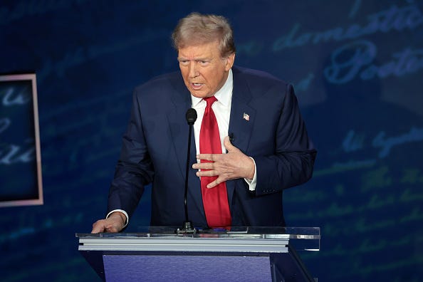 Republican presidential nominee, former U.S. President Donald Trump, debates Democratic presidential nominee, U.S. Vice President Kamala Harris, for the first time during the presidential election campaign at The National Constitution Center on September 10, 2024 in Philadelphia, Pennsylvania. 