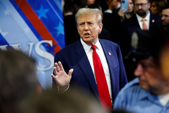 Republican presidential nominee, former U.S. President Donald Trump speaks to reporters in the spin room after debating Democratic presidential nominee, U.S. Vice President Kamala Harris, at Pennsylvania Convention Center on September 10, 2024 in Philadelphia, Pennsylvania. 