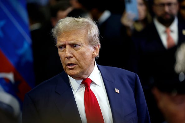 Republican presidential nominee, former U.S. President Donald Trump speaks to reporters in the spin room after debating Democratic presidential nominee, U.S. Vice President Kamala Harris, at Pennsylvania Convention Center on September 10, 2024 in Philadelphia, Pennsylvania. 