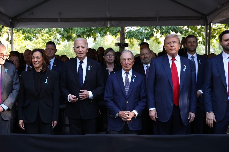 (L-R) Democratic presidential nominee, U.S. Vice President Kamala Harris, U.S. President Joe Biden, former Mayor of New York Michael Bloomberg, Republican presidential nominee, former U.S. President Donald Trump joined family and friends in Lower Manhattan for the ceremony