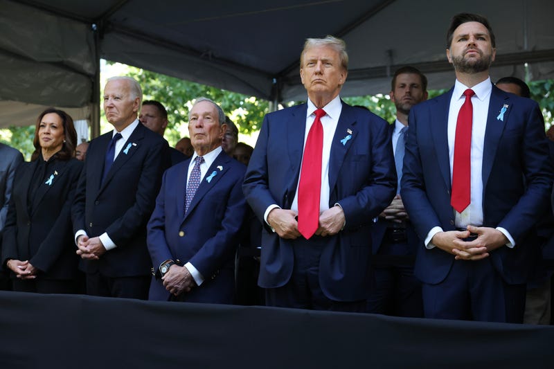 (L-R) Democratic presidential nominee, U.S. Vice President Kamala Harris, U.S. President Joe Biden, former Mayor of New York Michael Bloomberg, Republican presidential nominee, former U.S. President Donald Trump and Republican vice presidential candidate Sen. J.D. Vance (R-OH) join family and friends at the 9/11 Memorial