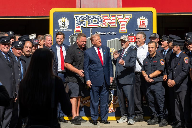 Republican presidential nominee, former U.S. President Donald Trump and Republican vice presidential nominee, U.S. Sen. J.D. Vance (R-OH) visit with firefighters outside FDNY Engine 4/Tower Ladder 15 firehouse on Sept. 11, 2024