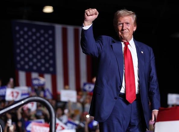 Republican presidential nominee, former U.S. President Donald Trump, greets supporters during a campaign rally at The Expo at World Market Center Las Vegas on September 13, 2024 in Las Vegas, Nevada. 