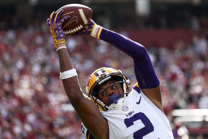 Kyren Lacy #2 of the LSU Tigers catches a pass against the South Carolina Gamecocks during the fourth quarter at Williams-Brice Stadium on September 14, 2024 in Columbia, South Carolina.