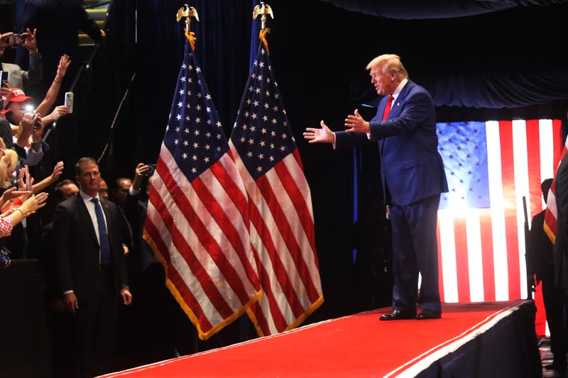 Trump arrives at the rally in Uniondale on Long Island on September 18, 2024 in Uniondale