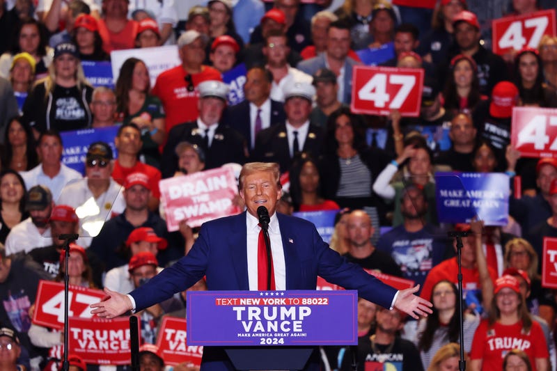 Republican presidential nominee Donald Trump speaks during a campaign rally at Nassau Veterans Memorial Coliseum on September 18, 2024 in Uniondale, New York