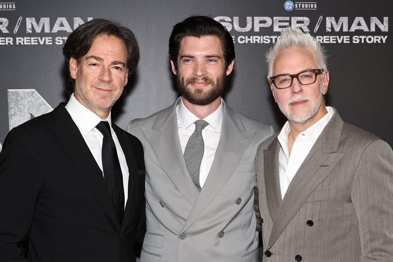 (L-R) Peter Safran, Co-Chairman & CEO, DC Studios, David Corenswet and James Gunn, Co-Chairman & CEO, DC Studios attend "Super/Man: The Christopher Reeve Story" New York Premiere at Museum of Modern Art on September 18, 2024 in New York City. 