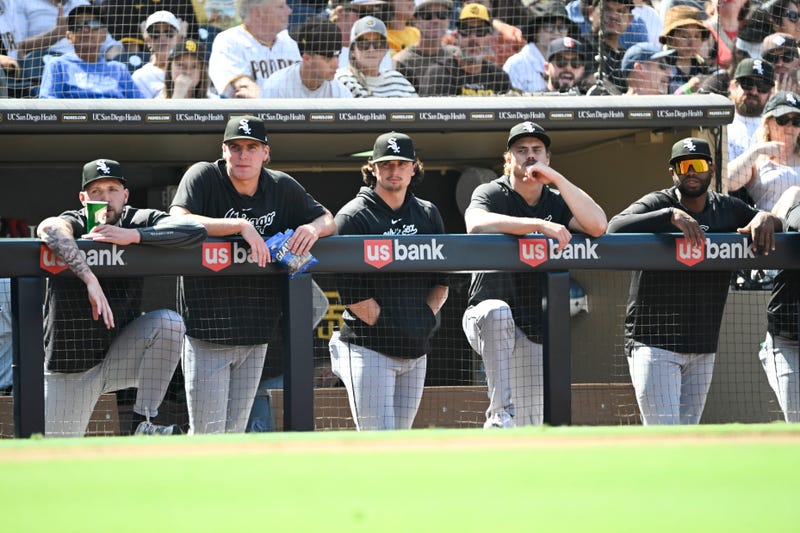 Chicago White Sox players look out from the dugout