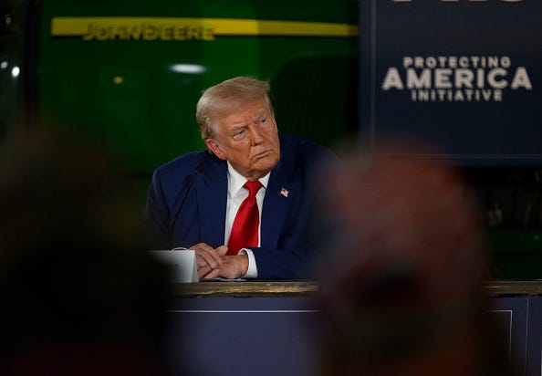 Republican presidential nominee, former U.S. President Donald Trump attends a campaign event on food security in a barn on the Smith Family Farm on September 23, 2024 in Smithton, Pennsylvania. 
