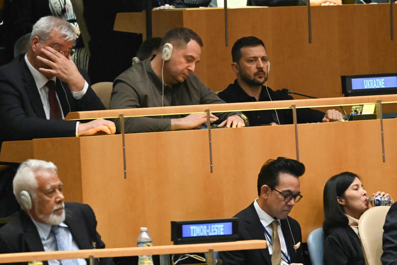 President of Ukraine Volodymyr Zelenskyy (R) listens as President Joe Biden speaks during the 79th Session of the United Nations General Assembly at the United Nations headquarters in New York City on September 24, 2024