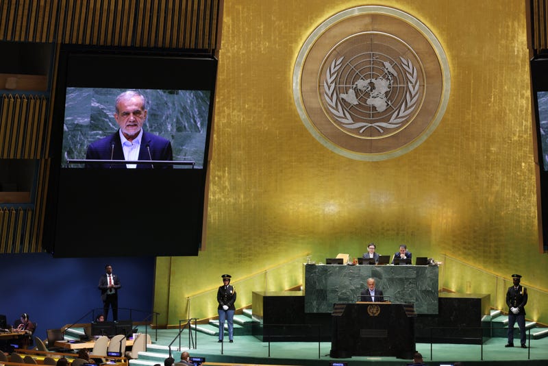 Iranian President Masoud Pezeshkian speaks during the 79th Session of the United Nations General Assembly at the United Nations headquarters in New York City on September 24, 2024.