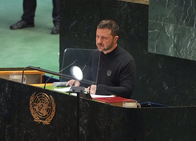 Ukrainian President Volodymyr Zelenskyy makes a speech during the 79th session of the UN General Assembly (UNGA 79) at headquarters of the United Nations (UN) in New York, United States on September 25, 2024.