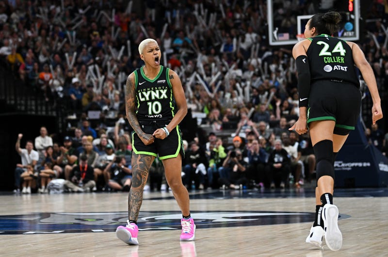 Courtney Williams #10 of the Minnesota Lynx celebrates after making a shot in the third quarter in Game Two of Round One of the WNBA Playoffs against the Phoenix Mercury at Target Center on September 25, 2024 in Minneapolis, Minnesota.