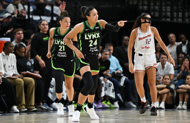Napheesa Collier #24 of the Minnesota Lynx after making a three-point shot in the second quarter in Game Two of Round One of the WNBA Playoffs against the Phoenix Mercury at Target Center.