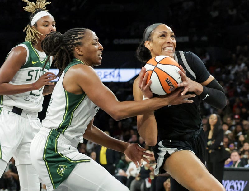 Nneka Ogwumike #3 of the Seattle Storm knocks the ball away from A'ja Wilson #22 of the Las Vegas Aces in the fourth quarter of Game One of the 2024 WNBA Playoffs first round at Michelob ULTRA Arena on September 22, 2024 in Las Vegas, Nevada.