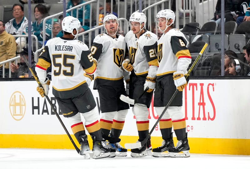 : Mason Morelli #11 of the Vegas Golden Knights is congratulated by teammates after he scored a goal against the San Jose Sharks during the second period at SAP Center on September 22, 2024 in San Jose, California.