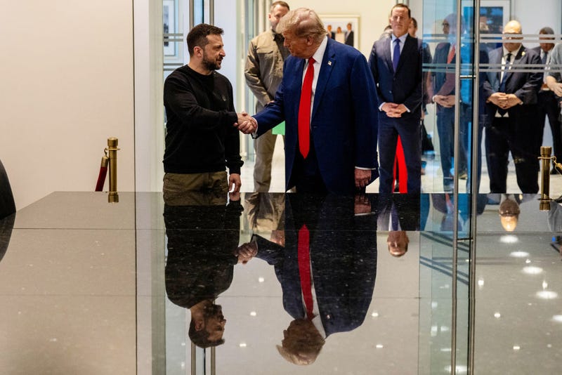 Ukrainian President Volodymyr Zelensky and Republican presidential nominee, former U.S. President Donald Trump, shake hands during a meeting on September 27, 2024 in New York City. 