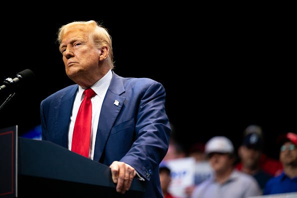 Republican Presidential candidate, former U.S. President Donald Trump speaks to attendees during a campaign rally at the Johnny Mercer Theatre on September 24, 2024 in Savannah, Georgia.