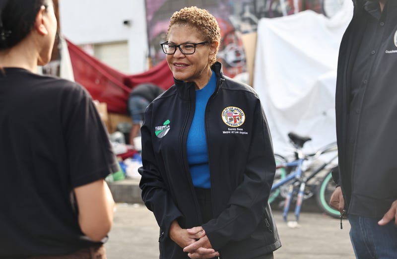 Los Angeles Mayor Karen Bass stands at a homeless encampment during an Inside Safe operation on September 26, 2024 in Los Angeles, California. 