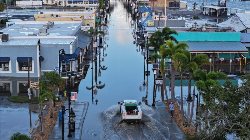 Flood waters inundate the main street after Hurricane Helene passed offshore on Sept. 27, 2024, in Tarpon Springs, Florida. Hurricane Helene made landfall in Florida's Big Bend with winds up to 140 mph and storm surges.