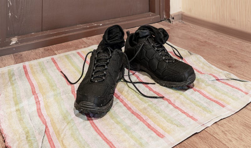 shoes on a throw rug in front of a door