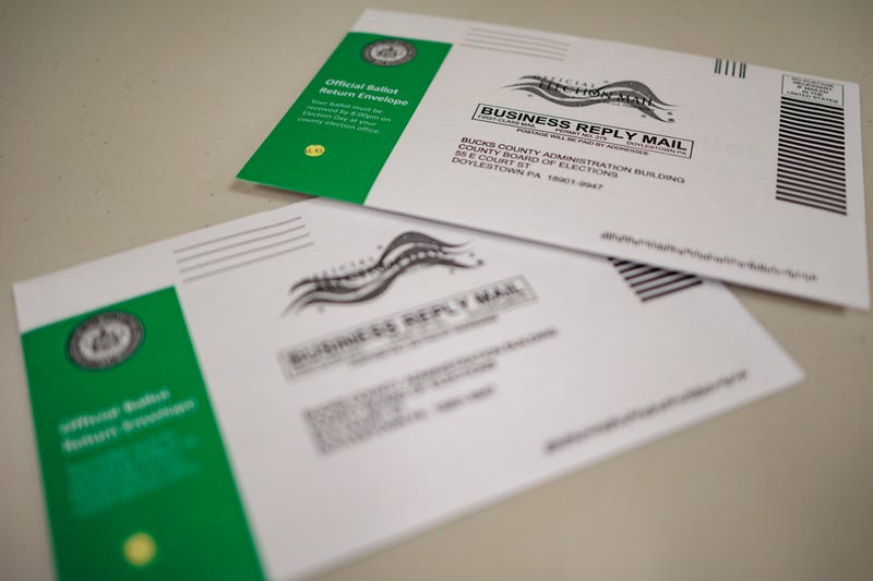 Mail-in ballots are displayed during a processing demonstration at the Board of Elections office on September 30, 2024 in Doylestown, Pennsylvania. Absentee and mail-in ballot processing begins in Pennsylvania at 7am on Election Day according to the National Conference of State Legislatures.
