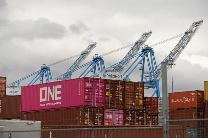 A view of cranes and shipping containers at the Packer Marine Terminal in Philadelphia, on Oct. 1, 2024.