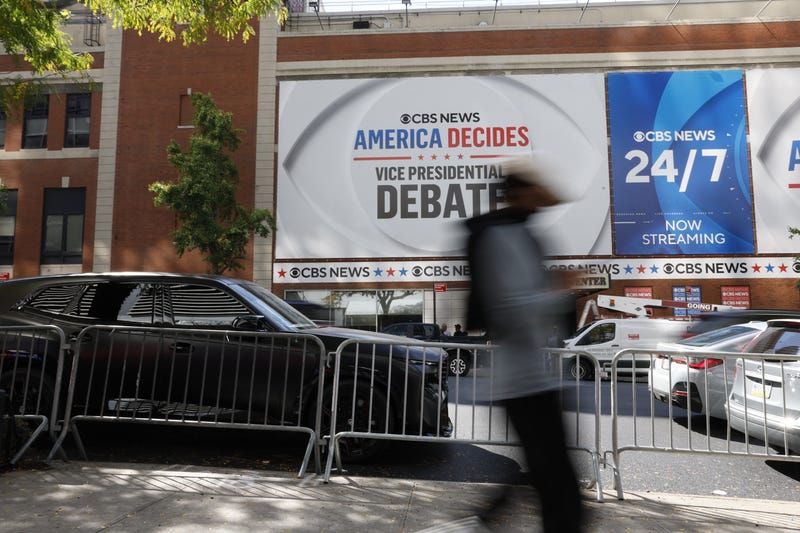 vice presidential debate sign outside cbs broadcast center