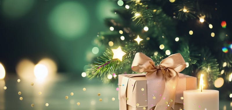 Holiday theme in gold and green tones