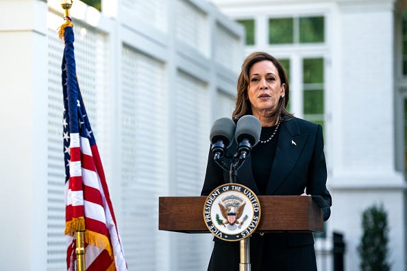 Vice President Kamala Harris speaks before planting a pomegranate tree at the Vice President's residence at the U.S. Naval Observatory on October 7, 2024 in Washington, DC.