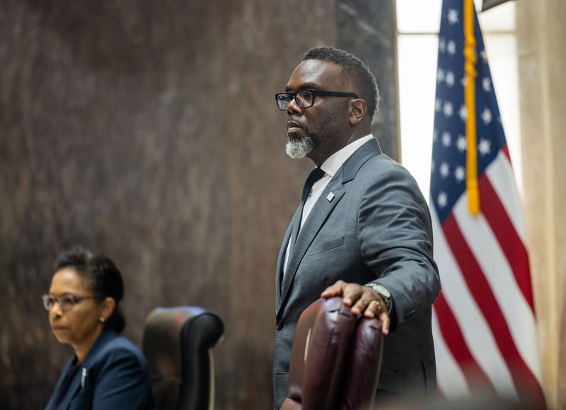 Mayor Brandon Johnson listens as Ald. Stephanie Coleman (16th) speaks regarding a motion to extend the city's contract with SoundThinking's ShotSpotter service during a city council meeting in City Hall in Chicago on Sept. 18, 2024.