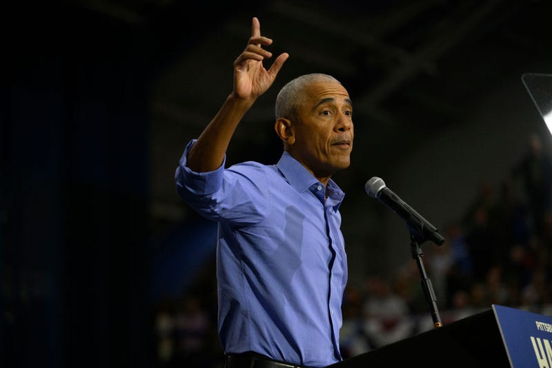 Former U.S. President Barack Obama speaks at a campaign event for Democratic presidential nominee, U.S. Vice President Kamala Harris at the University of Pittsburgh on October 10, 2024 in Pittsburgh,