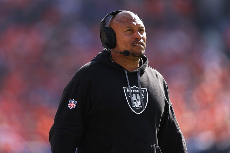 Head coach Antonio Pierce of the Las Vegas Raiders looks on against the Denver Broncos during the second quarter at Empower Field At Mile High on October 06, 2024 in Denver, Colorado.