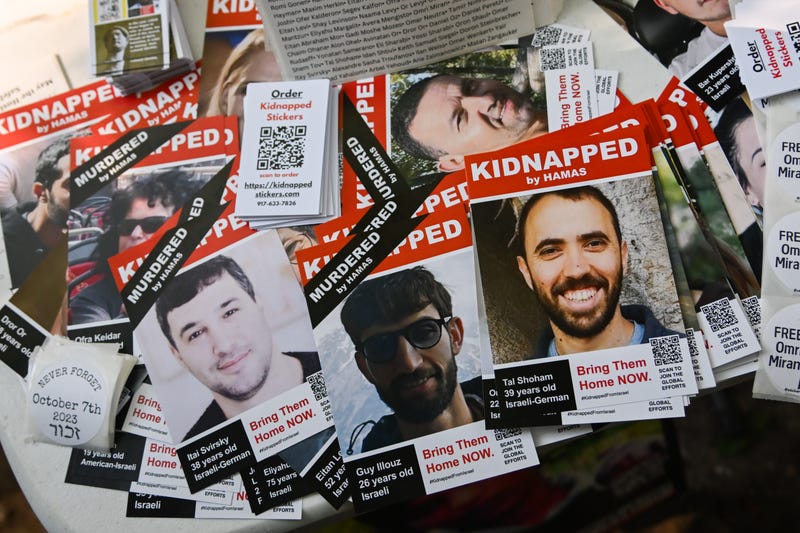 Posters of Israeli hostages are seen during a rally to mark the first anniversary of the October 7th terror attacks on Israel on October 06, 2024 in New York City. 