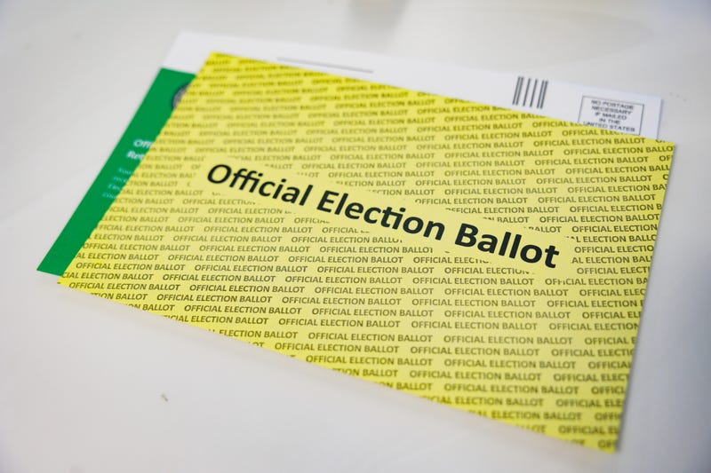 An official election ballot sits on a table as residents vote using an absentee or mail-in ballot on October 15, 2024 in Doylestown, Pennsylvania.