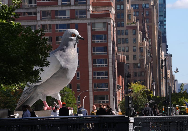 Artist Iván Argote’s 16-foot-tall pigeon sculpture, titled "Dinosaur," is seen on the High Line on Oct. 16, 2024