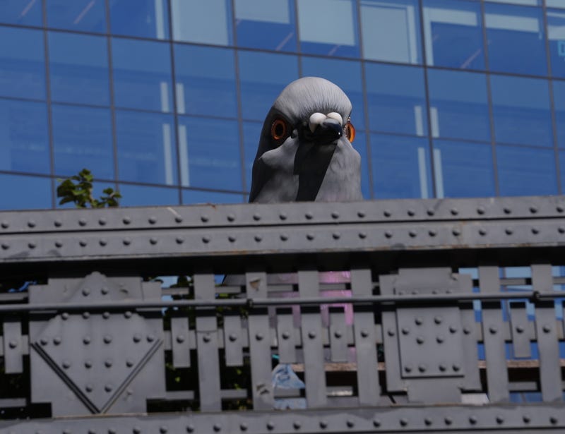 Artist Iván Argote’s 16-foot-tall pigeon sculpture, titled "Dinosaur" is seen on the High Line on Oct. 16, 2024