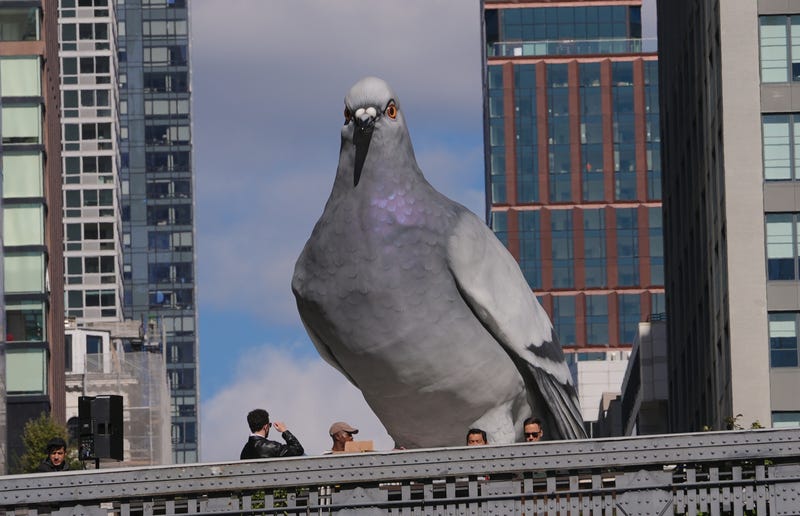 Artist Iván Argote’s 16-foot-tall pigeon sculpture, titled "Dinosaur," is seen on the High Line on Oct. 16, 2024
