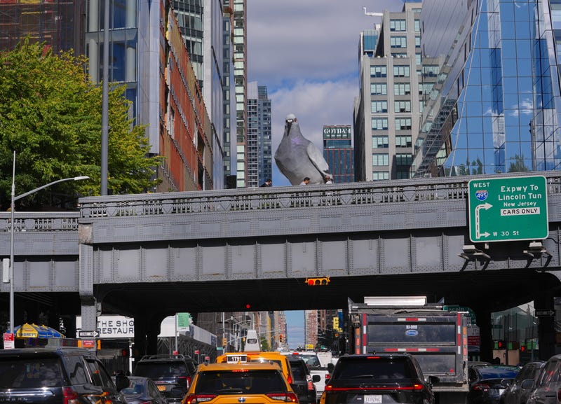  Artist Iván Argote’s 16-foot-tall pigeon sculpture, titled "Dinosaur" is seen on the High Line on Oct. 16, 2024